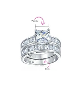 Bling Jewelry 2CT Princess Cut Solitaire Side Stone Cz Square Band Ring Set .925 Sterling Silver