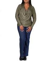 24seven Comfort Apparel Plus Cowl Neck Long Sleeve Shimmery Top