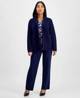 Ak Anne Klein Petite Printed V Neck Long Sleeve Top Notched Collar Blazer Cardigan Solid Wide Leg Mid Rise Pants