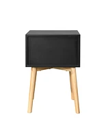 Slickblue Mid-Century Modern Side Table with 2 Drawers & Rubber Wood Legs, Black Storage Cabinet