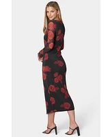 bebe Women's Long Sleeve Printed Powermesh Maxi