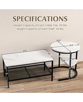 Gymax Nesting Coffee Table Set of 2 Faux Marble Top Detachable w/ Storage Shelf Gold