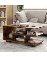 Gymax Geometric Coffee Table w/ Storage Shelves 3-Tier Rectangular Tea Rustic Brown