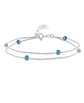 Bling Jewelry Protection Amulet Minimalist Delicate Double Row Aqua Blue Multi Color Evil Eye Anklet Ankle Bracelet For Women .925 Sterling Silver 8.5