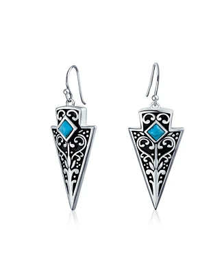 Bling Jewelry Blue Bead Arrowhead Dangle Earrings For Women Oxidized .925 Sterling Silver