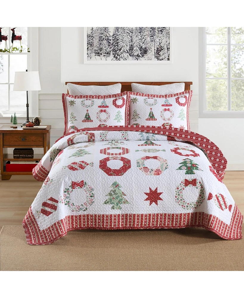 MarCielo 3 Pcs Winter Red Candy Christmas Quilt Bedspread Set Queen