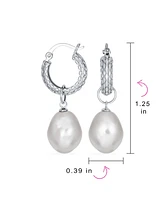 Bling Jewelry Elegant .925 Sterling Silver Simple White Freshwater Cultured Baroque Pearl Teardrop Mini Hoop Huggie Dangling Earrings 2 Ways to Wear D