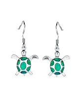 Bling Jewelry Nautical Aquatic Tropical Beach Vacation Iridescent Green Created Opal Inlay Sea Tortoise Turtle Dangle Drop Earrings For Women .925 Ste