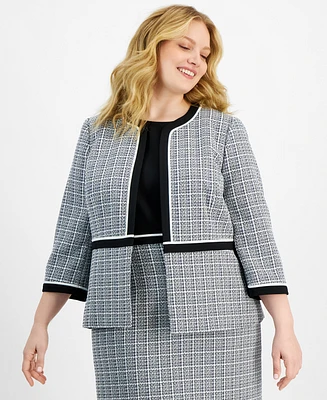 Kasper Plus Open-Front Piped-Trim Tweed Jacket