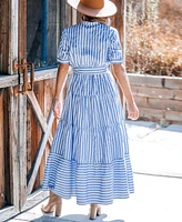 Cupshe Women's Blue Striped Puff Sleeve Front Button Maxi Beach Dress