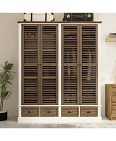 Famapy Brown Wood Shutter Doors Armoires Wardrobe with Thick Base, 4-Drawers