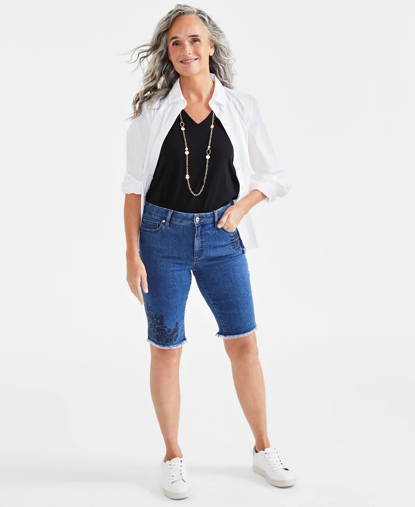 Style & Co Petite High-Rise Embroidered Bermuda Shorts, Created for Macy's