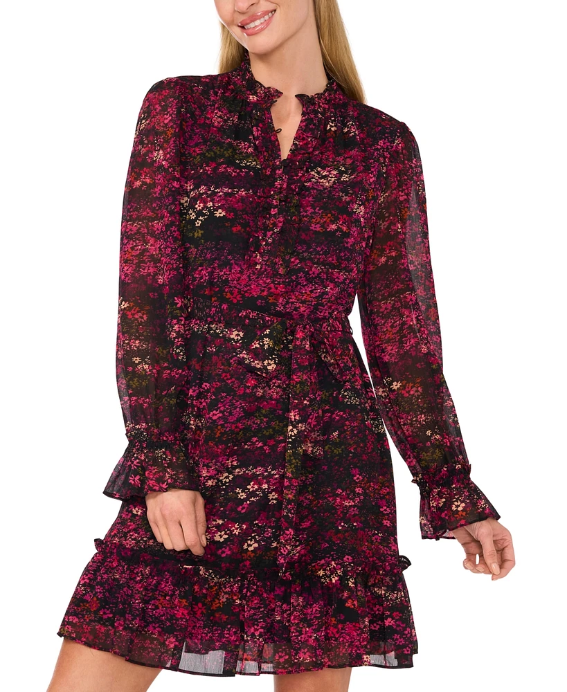 CeCe Women's Pleated Long-Sleeve Printed Mini Dress