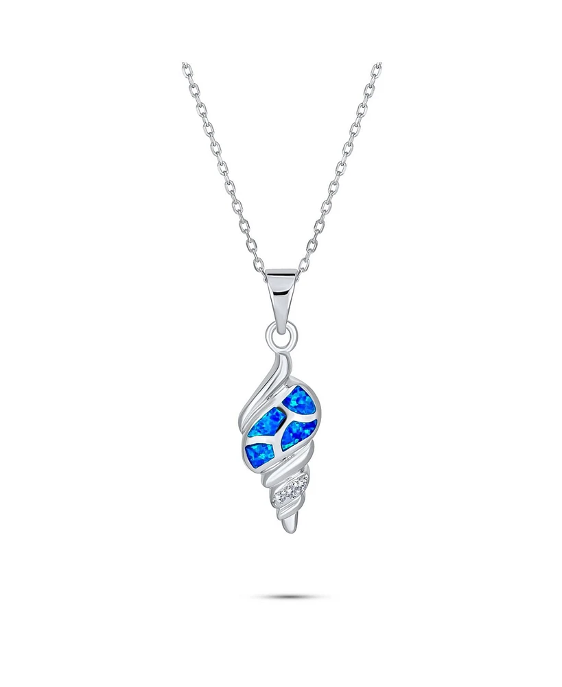 Bling Jewelry Vacation Blue Created Opal Inlay Nautical Tropical Beach Sand Conch Sea Shell Pendant Necklace For Women .925 Sterling Silver