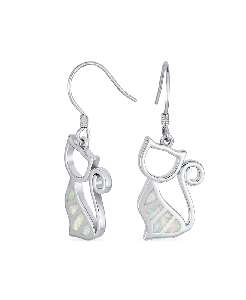 Bling Jewelry Cute Sweet Animal Pet Sitting Kitten Kitty Kat White Created Opal Curious Cat Dangle Earrings For Women .925 Sterling Silver Fish Hook