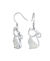 Bling Jewelry Cute Sweet Animal Pet Sitting Kitten Kitty Kat White Created Opal Curious Cat Dangle Earrings For Women .925 Sterling Silver Fish Hook