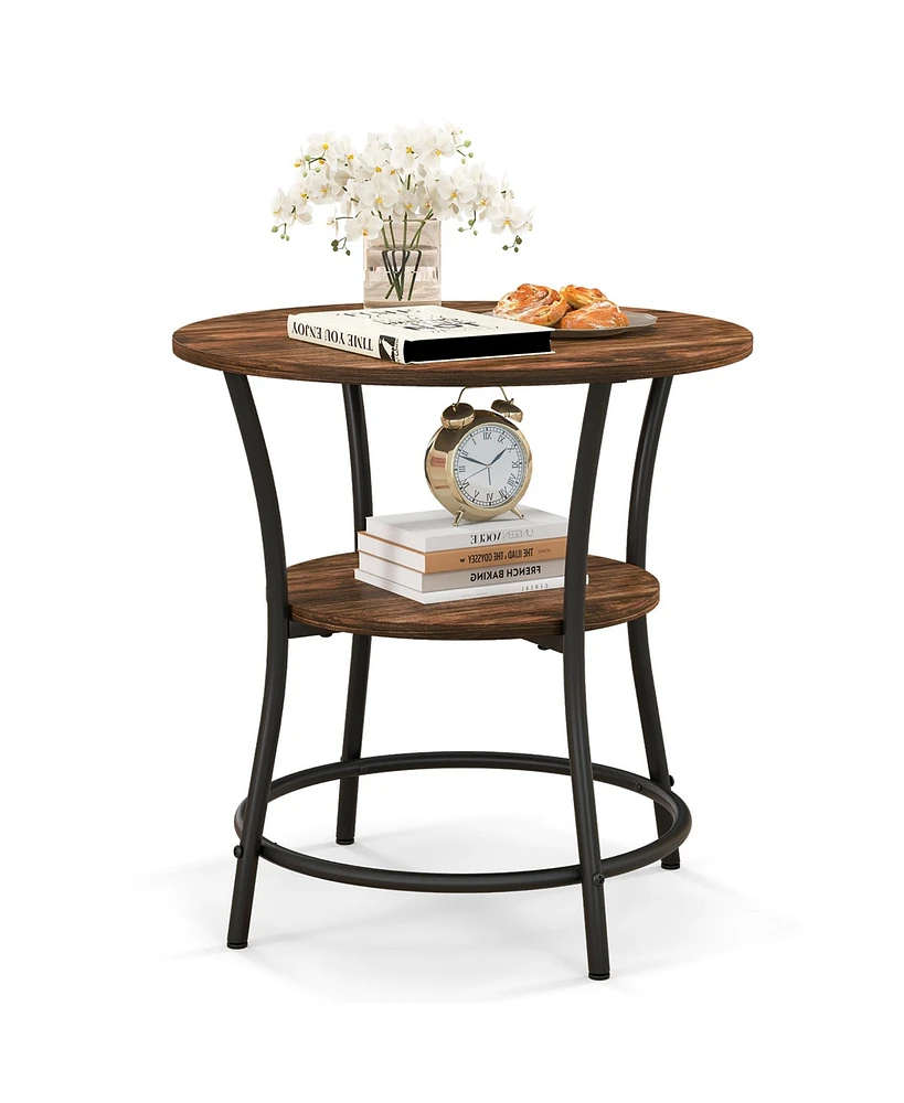 Gymax 2-Tier Side Table Compact Round Metal Frame Coffee w/ Open Shelf Brown