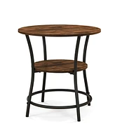 Gymax 2-Tier Side Table Compact Round Metal Frame Coffee w/ Open Shelf Brown