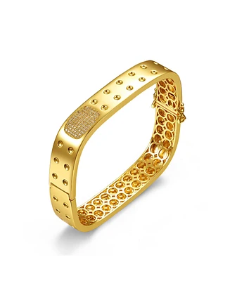 Rachel Glauber 14k Gold Plated with Cubic Zirconia Textured Geometric Square Bangle Bracelet