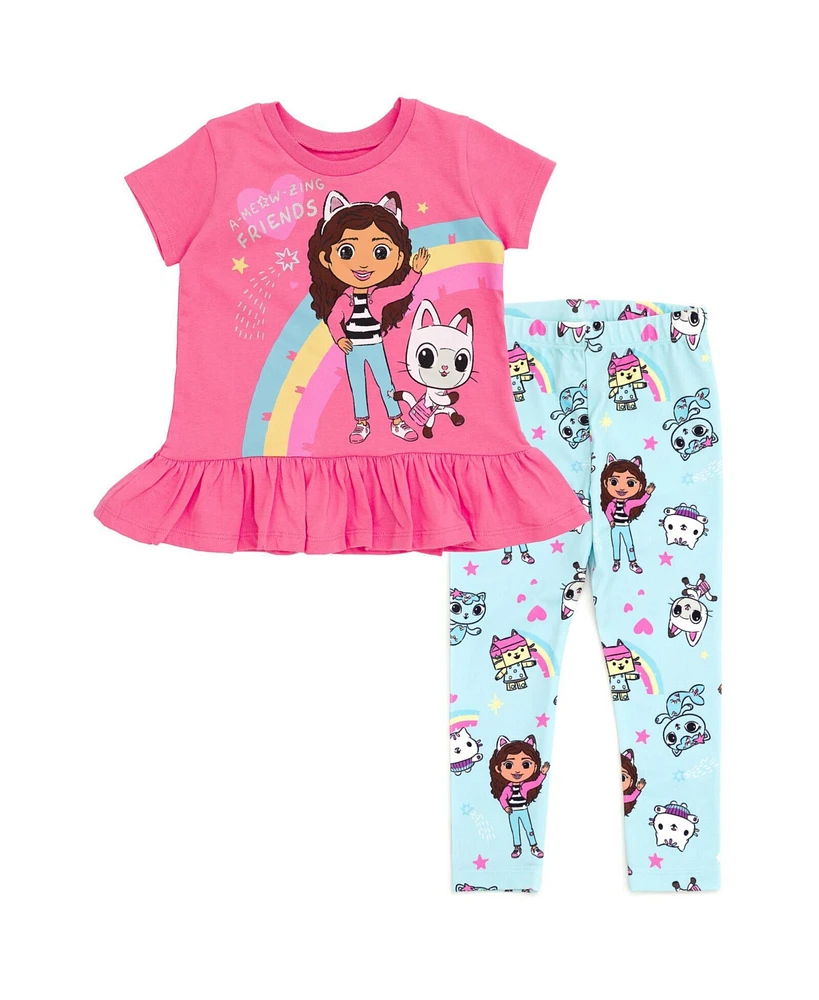 Dreamworks Gabby's Dollhouse Pandy Paws Baby Box Cakey Cat Girls Peplum T-Shirt and Leggings Outfit Set Toddler to Big Kid