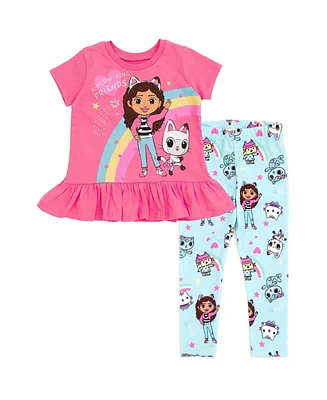 Dreamworks Gabby's Dollhouse Pandy Paws Baby Box Cakey Cat Girls Peplum T-Shirt and Leggings Outfit Set Toddler to Big Kid