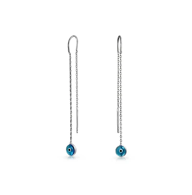 Bling Jewelry Blue Nazar Evil Eye Murano Glass Spiritual Thin Chain Threader Earrings For Women .925 Sterling Silver