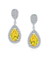 Bling Jewelry Traditional Classic Cubic Zirconia Canary Yellow 5CTW Solitaire Drop Halo Pear Shaped Teardrops Dangle Earrings Prom .925 Sterling Silve