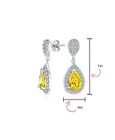Bling Jewelry Traditional Classic Cubic Zirconia Canary Yellow 5CTW Solitaire Drop Halo Pear Shaped Teardrops Dangle Earrings Prom .925 Sterling Silve