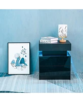 Slickblue Led Nightstand Modern Black Nightstand with Led Lights Wood Led Bedside Table Nightstand with 2 High Gloss Drawers for Bedroom