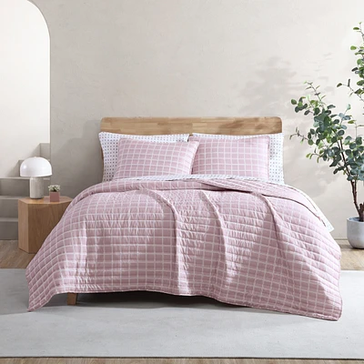 City Scene Woven Grid Microfiber Pink 3 Piece Quilt Set-Full/Queen