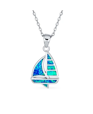 Bling Jewelry Nautical Boat Summer Caribbean Vacation Ship Sailor Created Blue Opal Sailboat Necklace Pendant For Women .925 Sterling Silver Medium