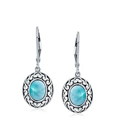 Bling Jewelry Western Style 3.2CT Light Blue Natural Larimer Dome Oval Bezel Set Lever Back Dangle Earrings For Women Sterling Silver