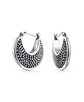 Bling Jewelry Bali Boho Hollow Lightweight Crescent Moon Shaped Caviar Medium Large Tribal Hoop Earrings For Women Western Jewelry Oxidized Black .925