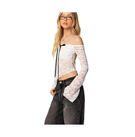 Edikted Women's Asymmetric Sheer Lace Off Shoulder Top