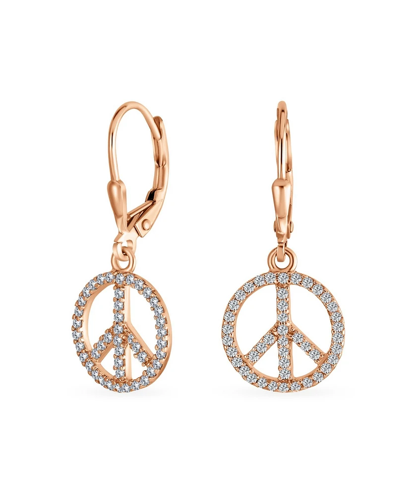 Bling Jewelry Message World Peace Sign Symbol Cubic Zirconia Pave Cz Lever back Drop Dangle Earrings For Women Rose Gold Plated .925 Sterling Silver