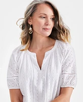 Style & Co Women's Cotton Split-Neck Short-Sleeeve Eyelet Top, Exclusively at Macy's