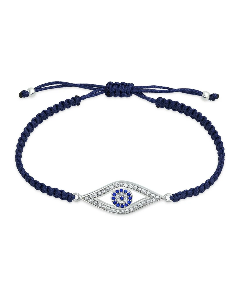 Bling Jewelry Turkish Blue Evil Eye Black Braided Cord Bracelet For Women Cz Cubic Zirconia Accent .925 Sterling Silver Adjustable