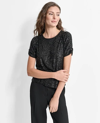 Dkny Petite Sequined Short-Sleeve Crewneck Top