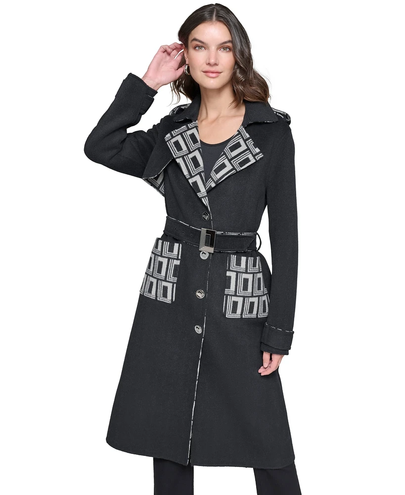 Karl Lagerfeld Paris Women's Monogram-Print Wool Coat