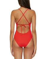 Becca Women's Modern Edge Ribbed Plunge-Neck One-Piece Swimsuit