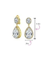 Bling Jewelry Cubic Zirconia Pave Cz Halo Statement Large Teardrop Dangle Clip On Earrings For Women Prom 14K Gold Plated Brass