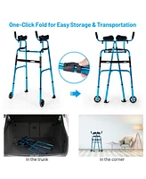 Sugift Folding Adjustable Aluminum Wheel Walking Frame-Navy