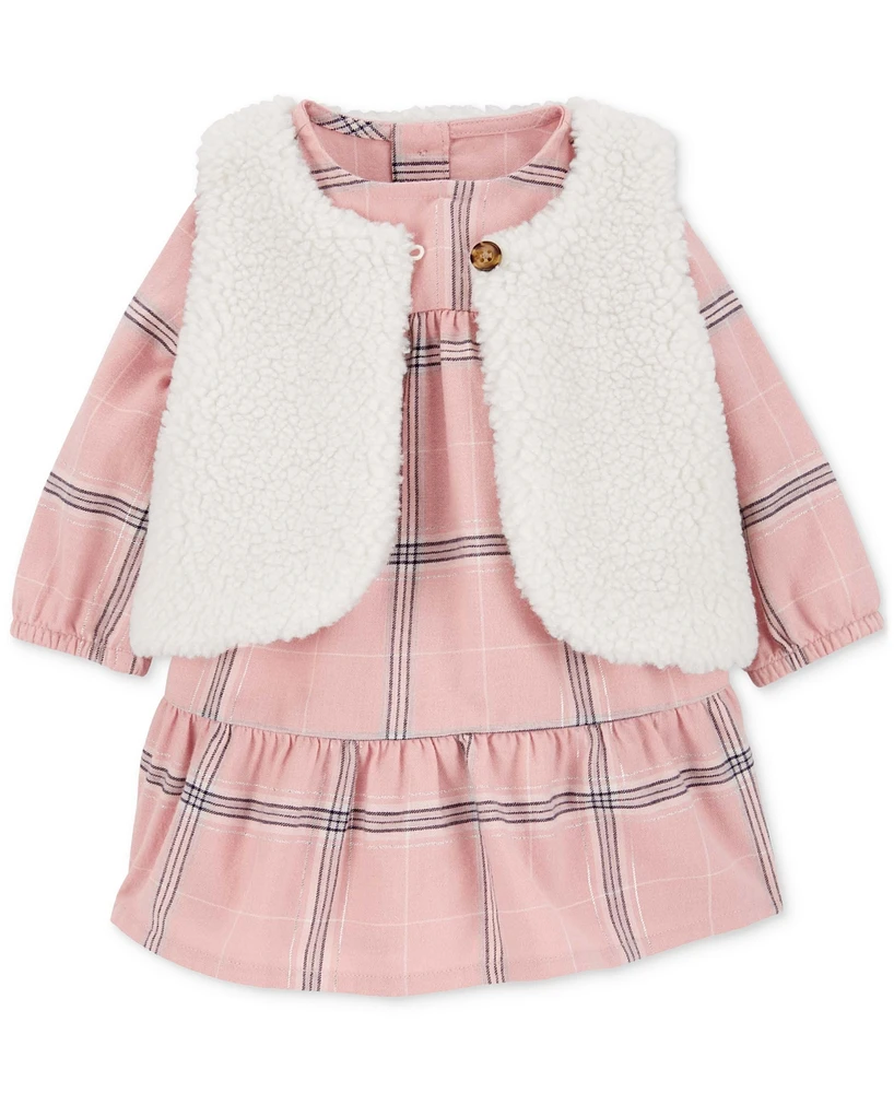 Carter's Baby Girls Plaid Dress & Faux-Sherpa Vest, 2 Piece Set