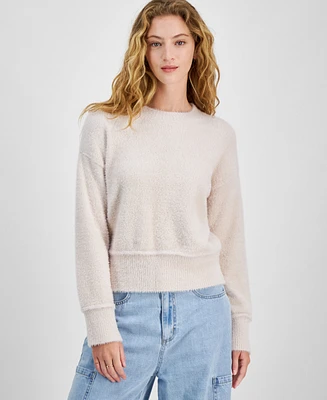Hippie Rose Juniors' Cozy Drop-Shoulder Eyelash Lurex Crewneck Sweater