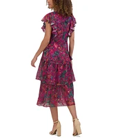 kensie Women's V-Neck Printed Ruffle Dress