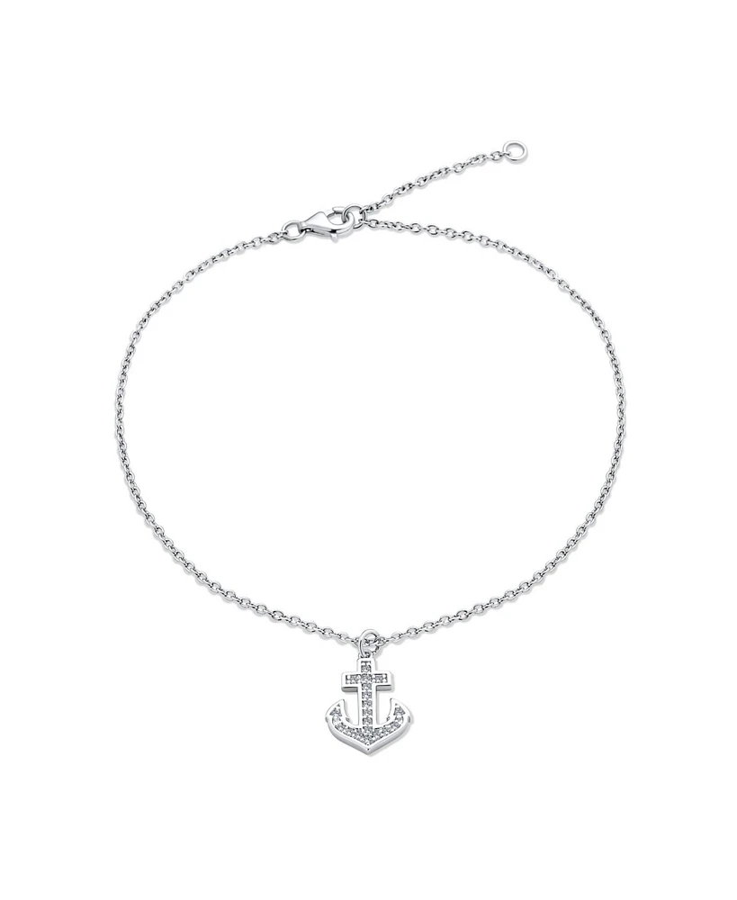 Bling Jewelry Nautical Cubic Zirconia Pave Dangle Charm Boat Anchor Anklet Ankle Bracelet For Women .925 Sterling Silver 9-10 Inch