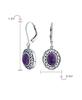 Bling Jewelry Western Style 3CT Oval Stabilized Purple Turquoise Bezel Dangle Lever Back Earrings For Women .925 Sterling Silver