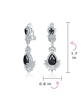 Bling Jewelry Black Cubic Zirconia Statement Dangle Formal Art Deco Style Chandelier Clip On Earrings Prom Silver Plated