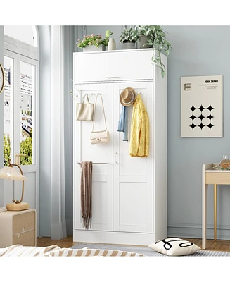 Famapy Bedroom Wardrobe Two-floor Space Armoire Closet Cabinet with Hooks