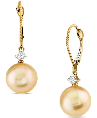 Cultured Golden South Sea Pearl (10mm ) & Diamond (1/6 ct. t.w.) Drop Earrings in 14k Gold